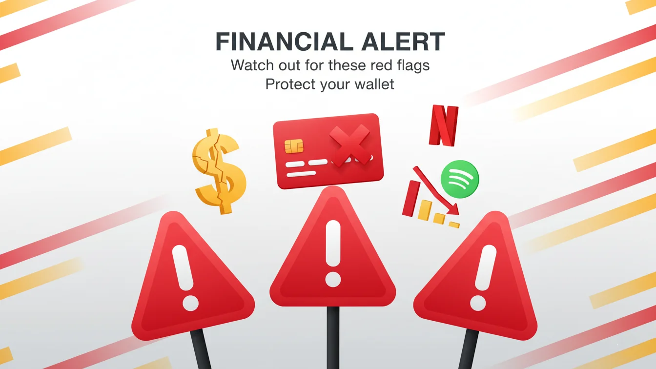 Red warning flags indicating subscription overcharges - alert symbols with credit card and billing icons
