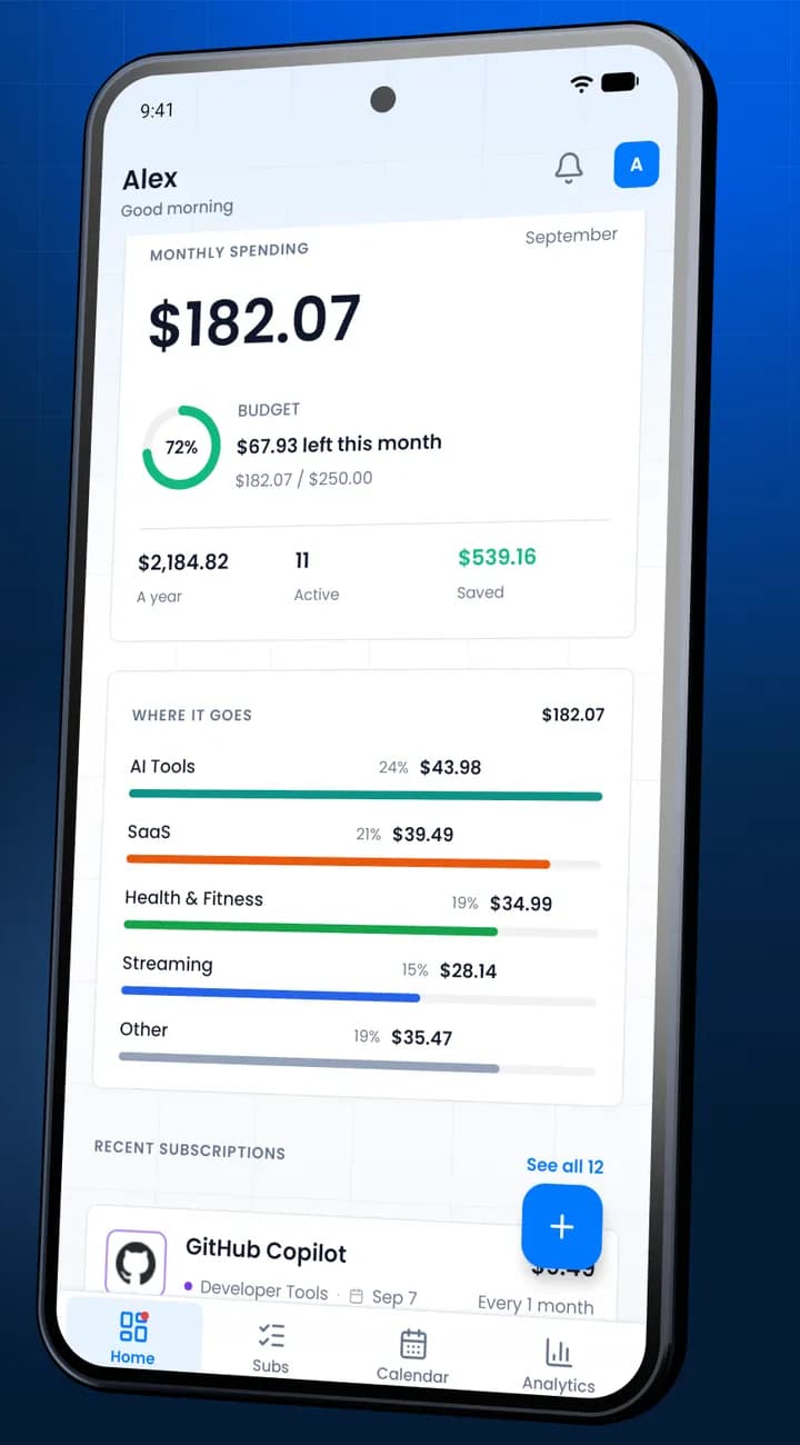The SubBuddy home screen on an Android phone, showing this month's spending and where it goes