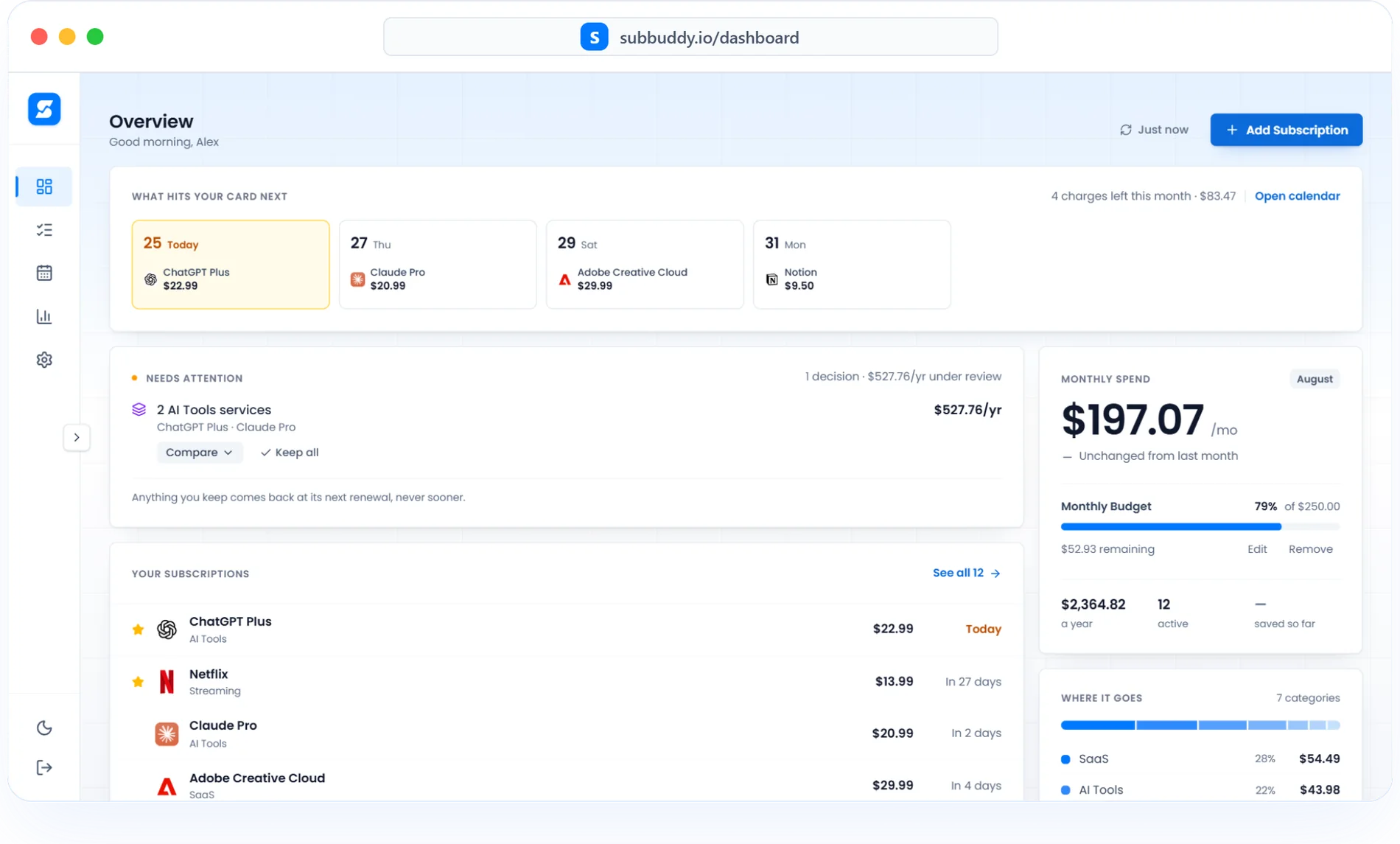 The SubBuddy dashboard showing monthly spend, upcoming renewals and the full subscription list